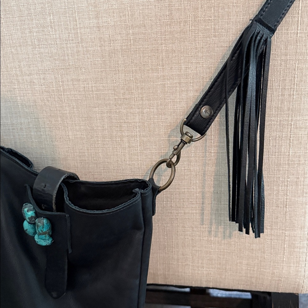 Two Bar West Black Leather Bag with Turquoise Accents and Fringe Accented Strap - Picture 7 of 8